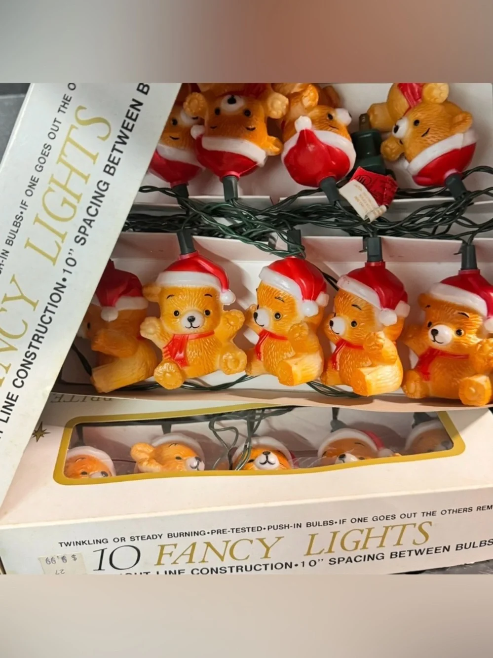 Vintage Teddy Bear Christmas String Lights 10 Light Set Tested Working w/ Box